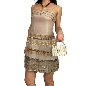 Beaded Tan and Gold linen Dress with necklace and Mini Bag